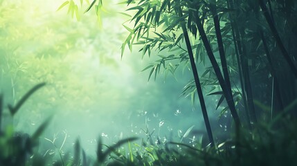 Wall Mural - Serene Bamboo Forest Mist Envelops Lush Green Leaves