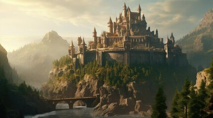 Wall Mural - A view of a castle, a river, and mountains. 4k animated video