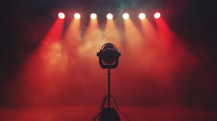 Poster - Spotlight illuminates a stage in vibrant red and orange hues during a performance. 