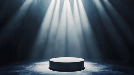 Poster - Illuminated stage in dark setting with spotlight beams during a performance. 