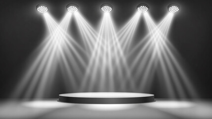 Poster - Bright stage with spotlight beams illuminating a circular platform for performances. 