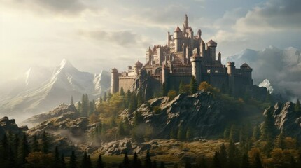 Wall Mural - A view of a castle and mountains. 4k animated video