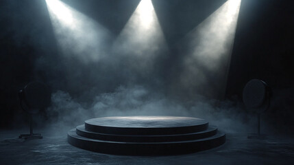 Poster - Bright lights illuminate an empty stage with fog in a dramatic setting. 