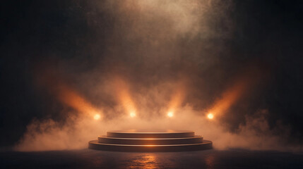 Poster - Show stage with dramatic lighting and fog in a dark environment. 