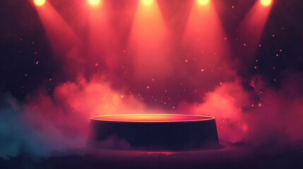 Poster - Stage illuminated by vibrant lights surrounded by a misty atmosphere. 
