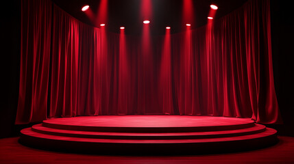 Poster - Red curtain stage with spotlight ready for a performance at night. 