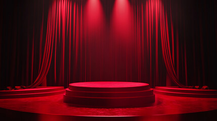 Poster - Red stage with dramatic lighting ready for a performance at night. 