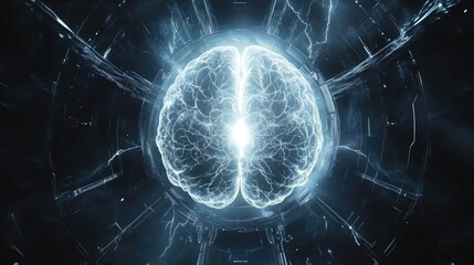 Poster - A digitally rendered glowing brain with intricate connections, symbolizing thought, memory, and intelligence.