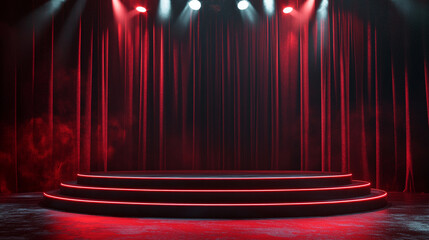 Poster - Stage setup with red curtains and dramatic lighting for a performance event. 