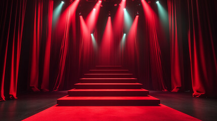 Poster - Stage with red lights and curtains ready for a performance or event. 