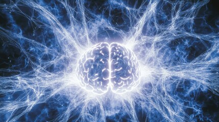 Poster - A glowing human brain with interconnected lines and nodes, representing neural pathways and intelligence.