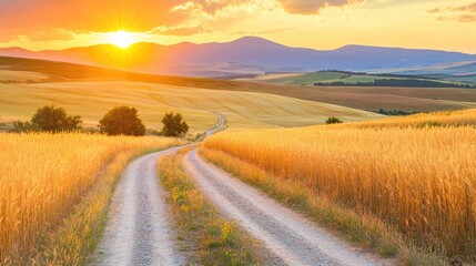 Wall Mural - A golden field with a dirt road meandering through the Italian countryside, framed by summer mountains and a vivid sunset sky.