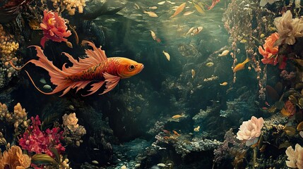 Wall Mural - Koi Fish in a Floral Underwater Paradise