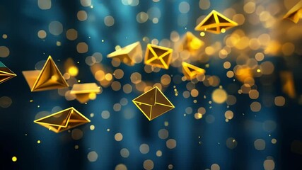 Poster - multiple closed golden envelopes are flying and rotating on a dark blue, sparkling background, creat
