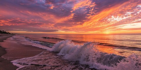 Aufkleber - The ocean is calm and the sky is filled with a beautiful orange and pink sunset