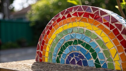 Poster - A colorful mosaic of a rainbow is sitting on a table