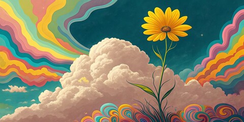 Poster - A colorful flower is growing in the sky above a cloudy background