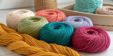 Poster - A basket of colorful yarn is displayed on a table