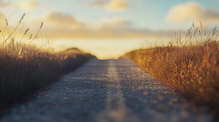 Wall Mural - Serene sunset road with tall grass on rural countryside path