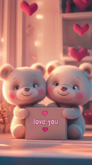 Wall Mural - Cute teddy bears hugging with love message surrounded by hearts