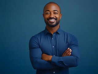 Confident businessman in blue shirt smiling