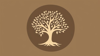 Poster - A stylized tree icon in a circular frame on a brown background.