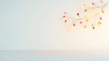 Poster - Soft Minimalist Background with Delicate Branch and Colorful Leaves Decorated with Warm Twinkling Fairy Lights
