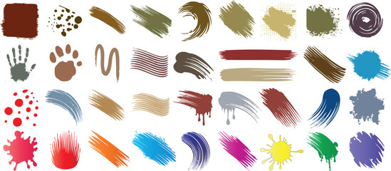 Wall Mural - paint brush strokes, splatter, smudge, and textures in various colors, abstract artistic design elem