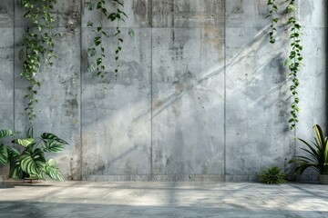 Poster - Empty concrete room with hanging plants and sunlight creating shadows on the wall, perfect for showcasing interior design and architectural projects