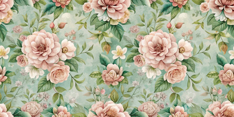  A delicate floral pattern featuring soft pink roses and white blossoms against a green backdrop.