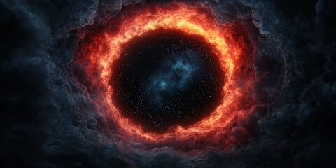 Wall Mural - galactic center gravity concept. A mesmerizing cosmic scene featuring a fiery orange ring surrounding a deep black void, evoking the mysteries of the universe.