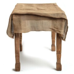 Poster - rustic wooden table covered with a burlap cloth, isolated on a white background, creating a simple a