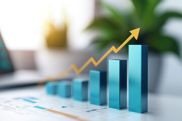 Aufkleber - 3D bar chart with rising arrow symbolizing growth and success, placed on financial document with blurred plant in background, creating professional and optimistic atmosphere
