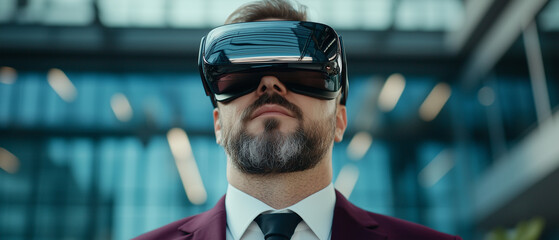 Poster - businessman in burgundy suit wearing virtual reality headset, standing in modern glass building, looking upward with focused expression, symbolizing innovation and technology