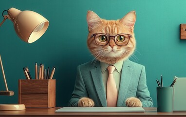 A Dapper Cat in a Suit at His Desk Ready for Business a Feline Executive Professional Image