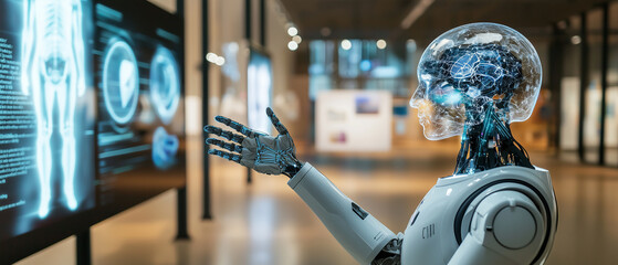 Aufkleber - futuristic art gallery featuring robotic humanoid with transparent head displaying digital interfaces, interacting with holographic screens in modern, innovative setting