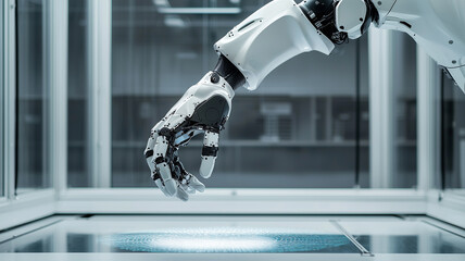 Poster - futuristic robotic arm interacts with glowing holographic interface in high tech laboratory, showcasing advanced technology and innovation