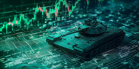 Poster - futuristic military strategy map with tank overlayed on stock graphs and data, symbolizing intersection of technology, finance, and defense strategies