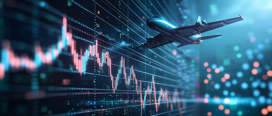 Poster - stock market graph with warplane flying overhead, symbolizing economic uncertainty and global tension, with glowing data points and futuristic atmosphere