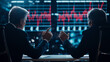 © DOUGLAS - Two business professionals engaged in tense discussion in modern office, with stock market graph displaying fluctuating red lines on large screen in background
