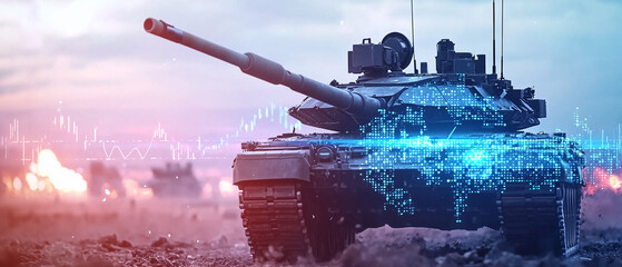 Aufkleber - tank firing in battlefield with digital stock graph overlay, symbolizing intersection of technology, warfare, and data analytics in futuristic setting