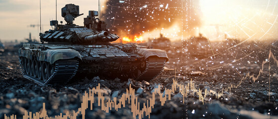Aufkleber - tank in warzone with explosions in background, overlaid with stock market graph and digital network elements, symbolizing intersection of conflict and economic impact