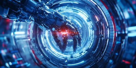 Poster - robotic arm extends into glowing, futuristic tunnel, showcasing advanced technology and innovation in high tech environment. scene is vibrant and dynamic