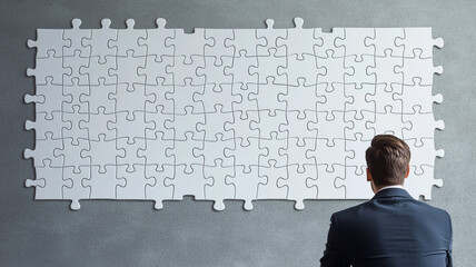 Poster - businessman in suit observes large white puzzle mounted on gray wall, symbolizing problem solving, strategy, and planning in professional setting