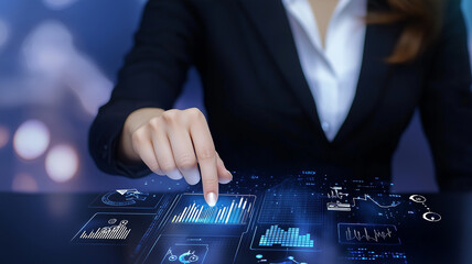 Aufkleber - businesswoman interacts with futuristic digital interface displaying data charts, graphs, and analytics, symbolizing innovation and technology in business decision making
