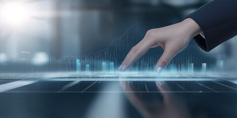 Aufkleber - businesswoman hand interacts with futuristic digital interface displaying data charts and graphs, symbolizing innovation and technology in business analytics