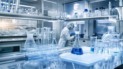 Poster - Advanced biotechnology lab with cutting-edge equipment and scientists conducting experiments on medical innovations.