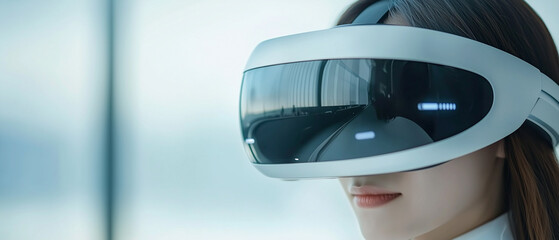 Poster - close up of woman wearing futuristic virtual reality headset, showcasing advanced technology and innovation in immersive experiences. background is softly blurred for focus