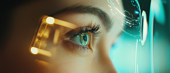 Aufkleber - Close up of woman eye interacting with futuristic AI powered digital interface, showcasing advanced technology and innovation in augmented reality and artificial intelligence