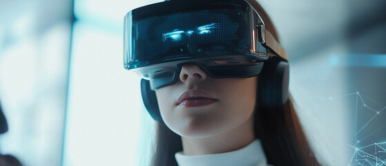 Aufkleber - woman wearing futuristic VR headset with AI powered features, immersed in virtual environment, showcasing advanced technology and innovation in augmented reality
